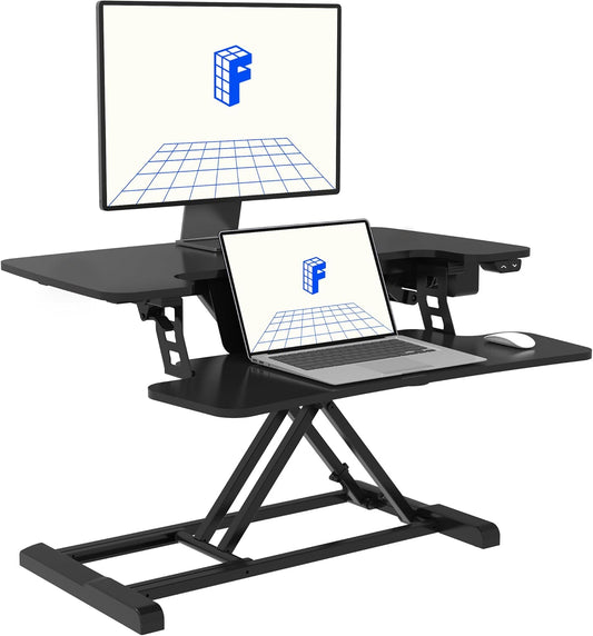 FLEXISPOT Motorized Standing Desk Converter 32" Black Electric Height Adjustable Stand up Desk Riser with Quick Release Keyboard Tray