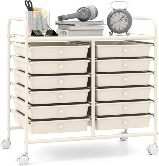 Giantex 12 Drawers Rolling Cart, Mobile Storage Drawer Cart, Classroom Organizer Cart for Office School Supplies Tools Scrapbook Paper Craft Small Printer, Utility Cart on Wheels, White