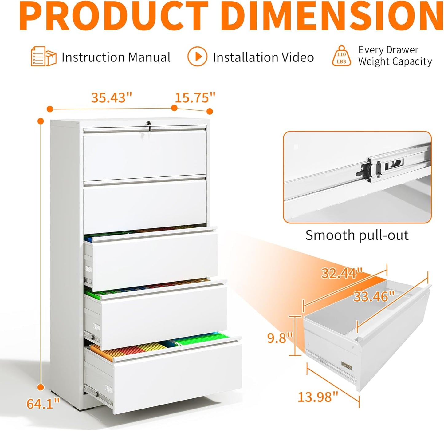 Locking Filing Cabinet with 5 Drawer Heavy Duty Large Metal File Cabinet Home Office Lateral File Cabinets Wide Steel Cabinet for Legal/Letter Size File,Assembly Required