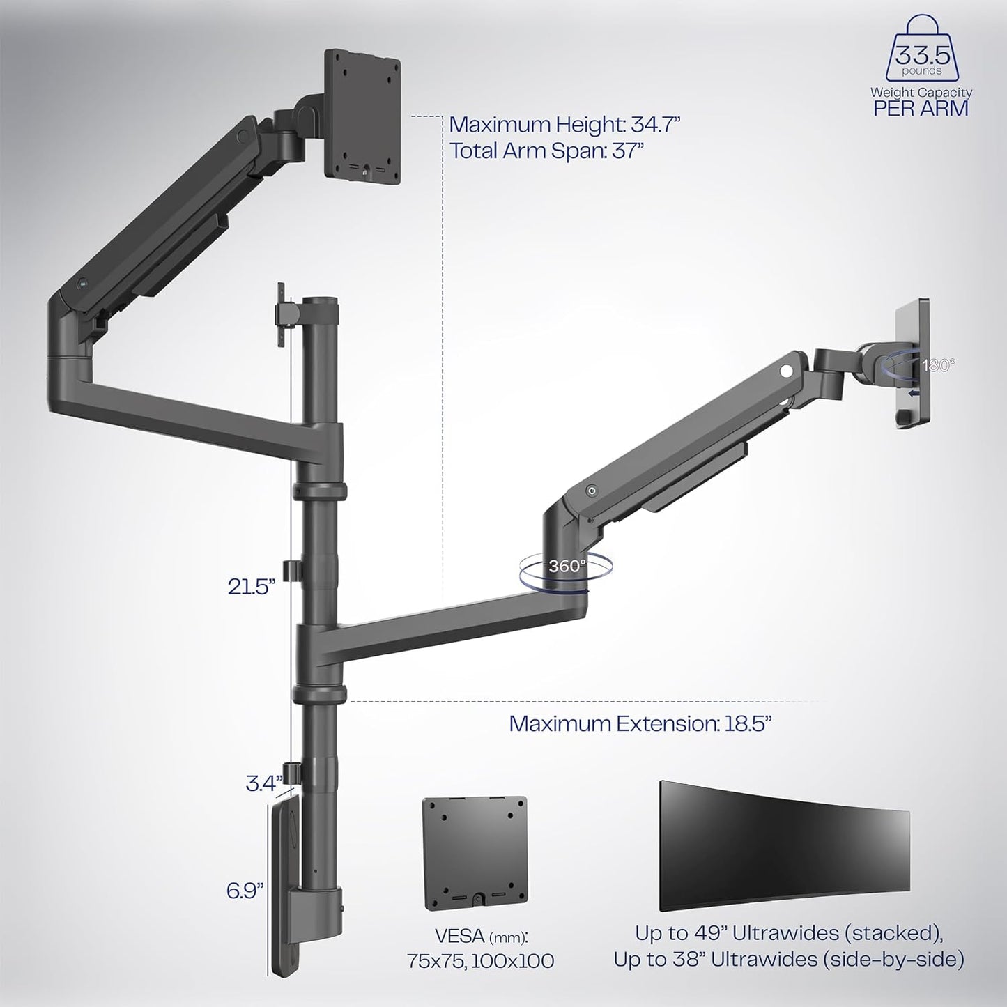 VIVO Pneumatic Arm Dual Ultrawide Monitor Wall Mount for Up to 49 inch Screens, Holds 2 Ultra Wides Up to 33.5 lbs Each, Black, MOUNT-V120K