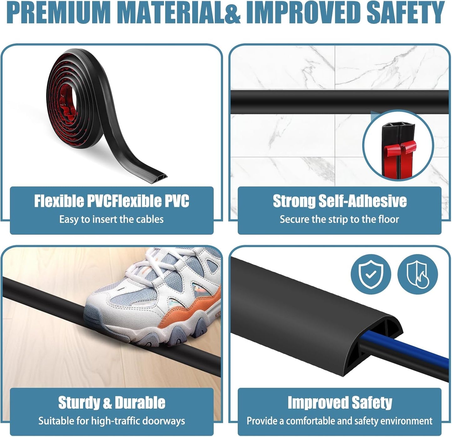 Floor Cord Covers for Wires 3.3FT Cable Hider Wire Coverr Self Adhesive Cord Hider Floor for Offices, Homes, Workshops, Warehouses Cable Cavity 0.3" W x 0.3" H