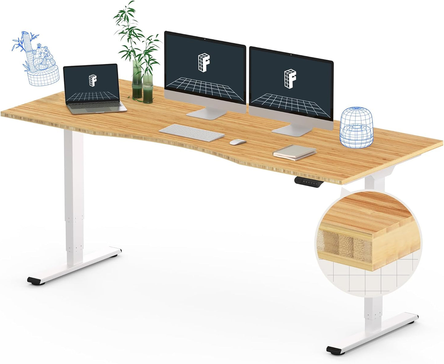 FLEXISPOT E6 Essential Bamboo 3 Stages Dual Motor 72x30 Inch Electric Height Adjustable Standing Whole-Piece Board Desk Sit Stand Up Desk (White Frame + Bamboo Curved Desktop)