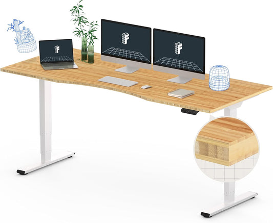 FLEXISPOT E6 Essential Bamboo 3 Stages Dual Motor 72x30 Inch Electric Height Adjustable Standing Whole-Piece Board Desk Sit Stand Up Desk (White Frame + Bamboo Curved Desktop)