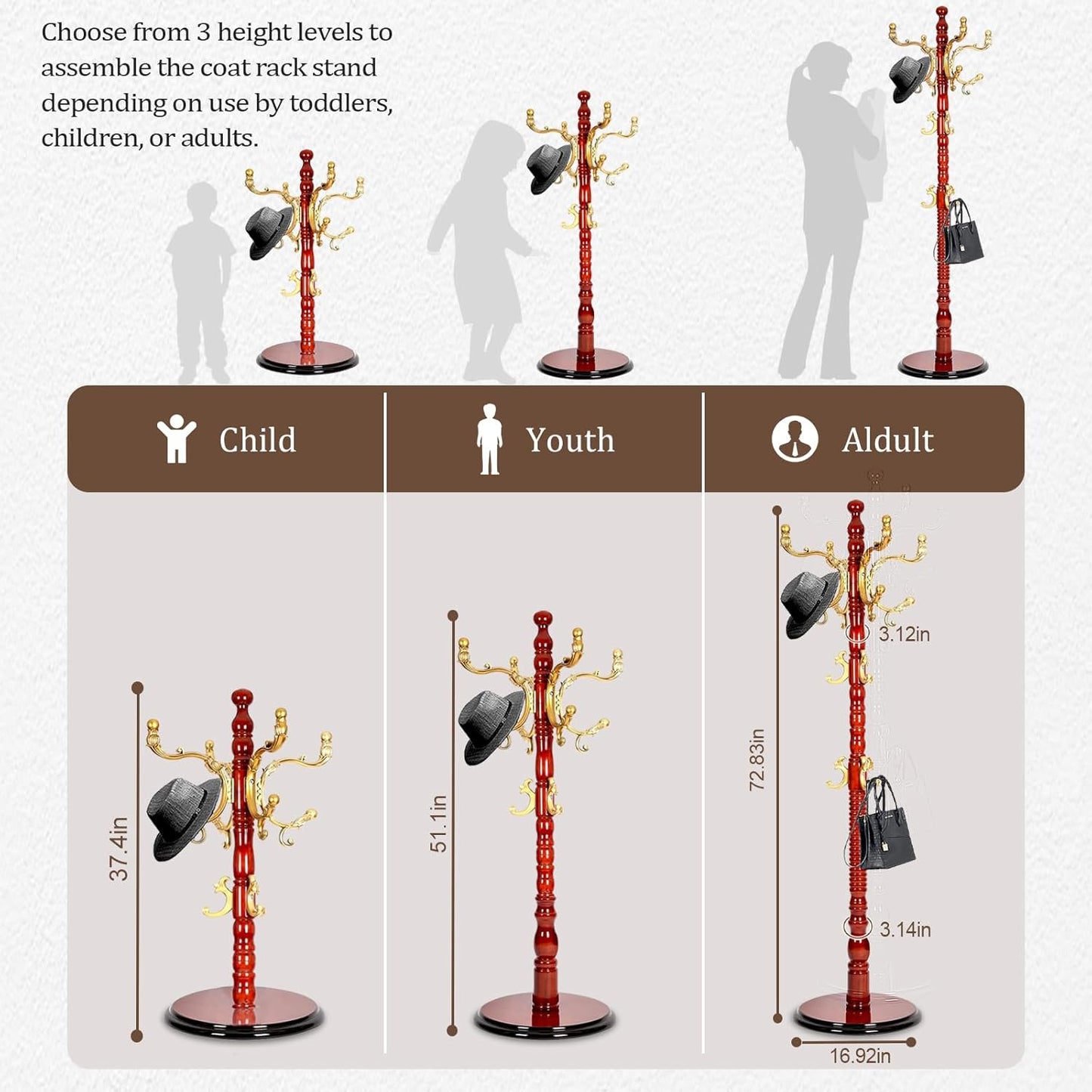Vintage Wooden Coat Rack Free Standing,14 Hooks, 3-Level Adjustable Height, 73-Inch Retro Coat Rack Stand, Suitable for Entryway, Living Room, Office and Bedroom (Begonia color, 1PCS)