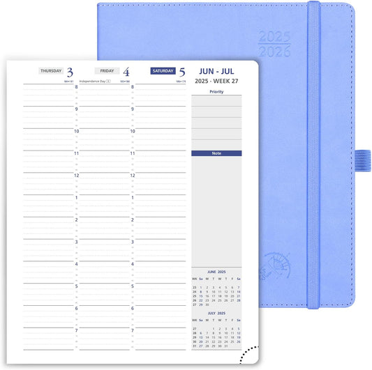 POPRUN Weekly Planner 2025-2026, 7.25'' x 8.5'', 15-Minute Hourly Appointment Book (July 2025-June 2026) with PU Leather Softcover, Monthly Tabs, Inner Pocket - Cornflower