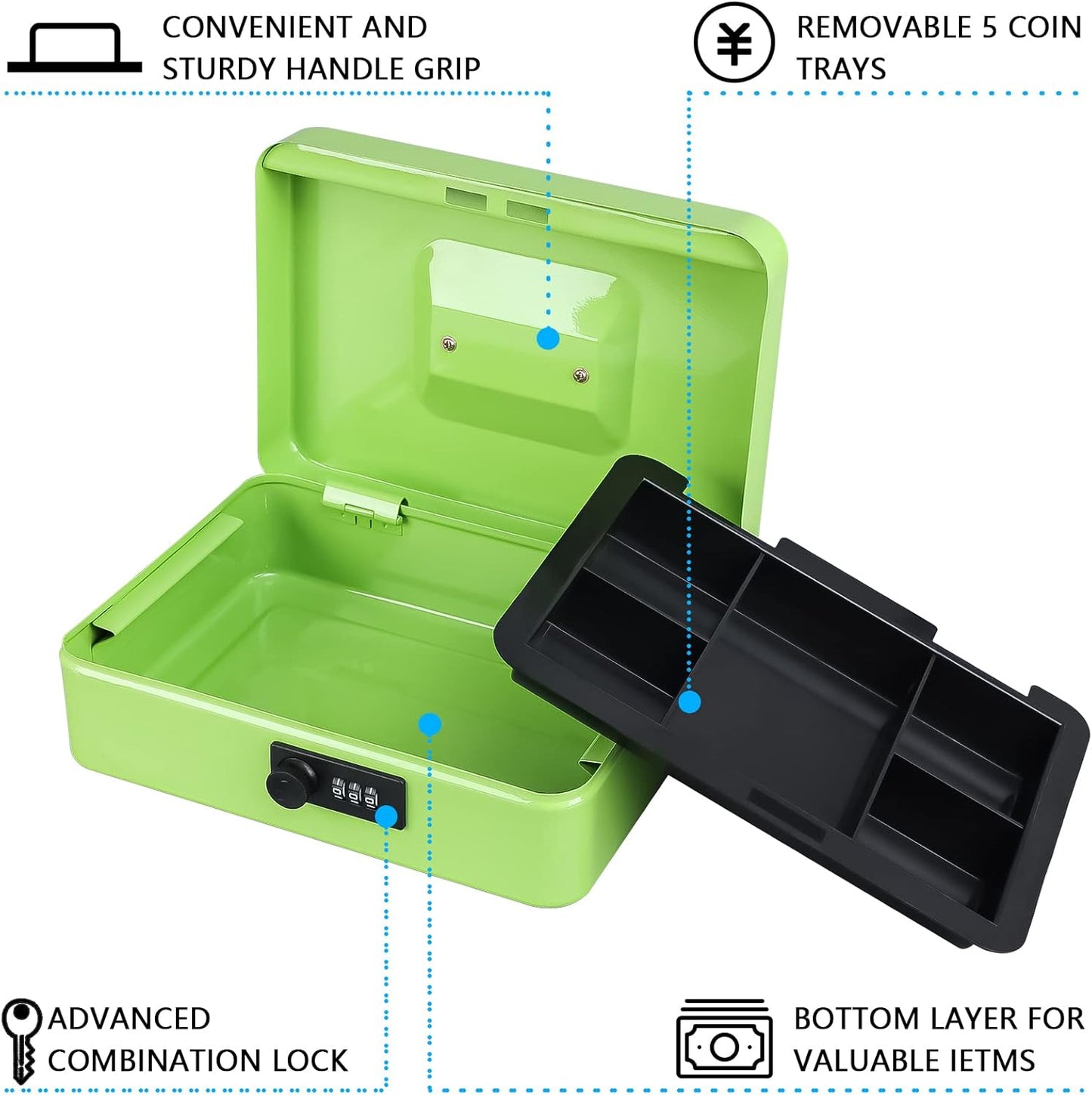 KYODOLED Large Cash Box with Combination Lock,Safe Metal Box for Money, Storage Lock Box with Money Tray,9.84"x 7"x 3.54" Limegreen Large