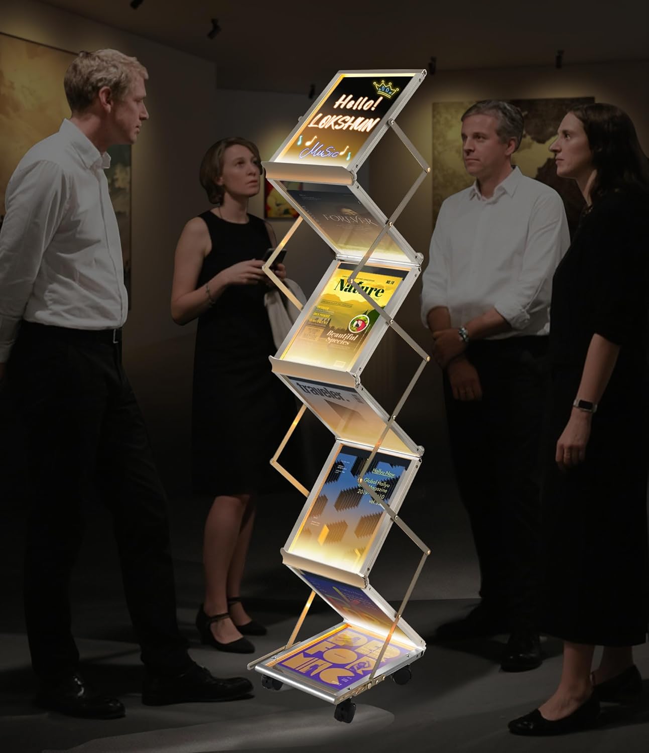 LED Magazine Rack Floor, Sleek Brochure Display with LED Message Writing Board, Mobile Magazine Holder for Trade Shows/Exhibition/Office/Restaurant/Menu Sign with Pens