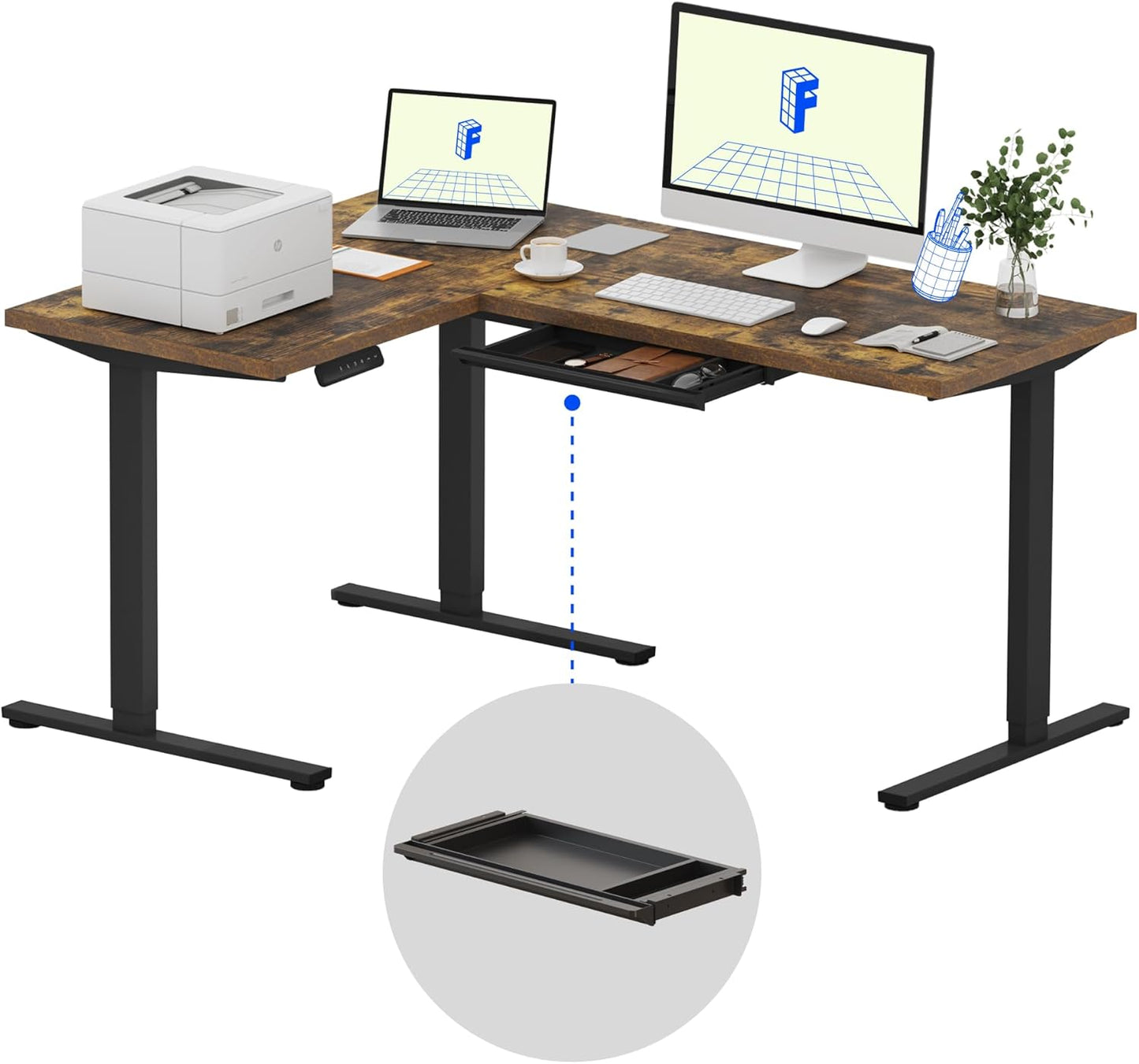 FLEXISPOT L Shaped Standing Desk, 63 x 47 Inch Electric Height Adjustable Corner Desk, Sit Stand Computer Workstation, Preset Controller, Home Office, Black Frame with Rustic Brown Top, Black Drawer