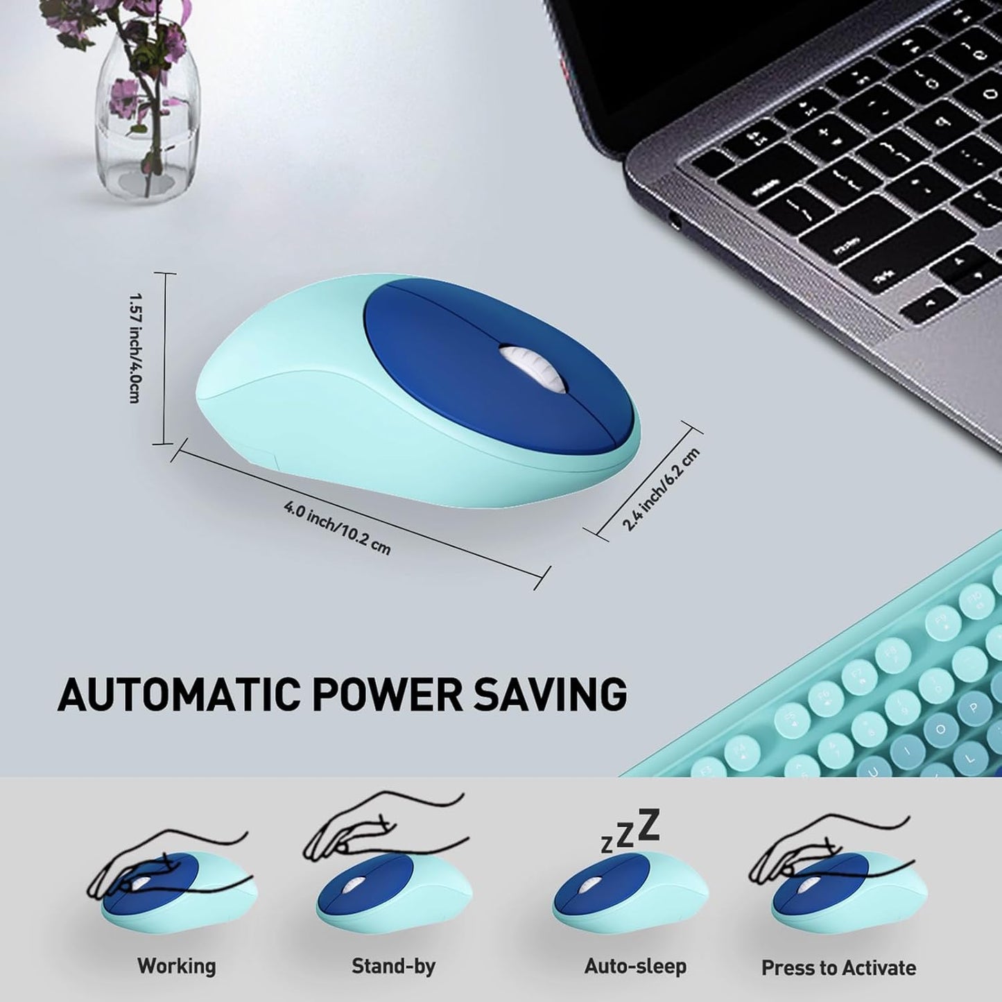 Wireless Keyboard and Mouse Set, 104 Round Keys Full-Size Cute Colorful Keyboard and Mouse with Retro Typewriter for PC/Mac/Laptop/Tablet/Computer/Windows Blue