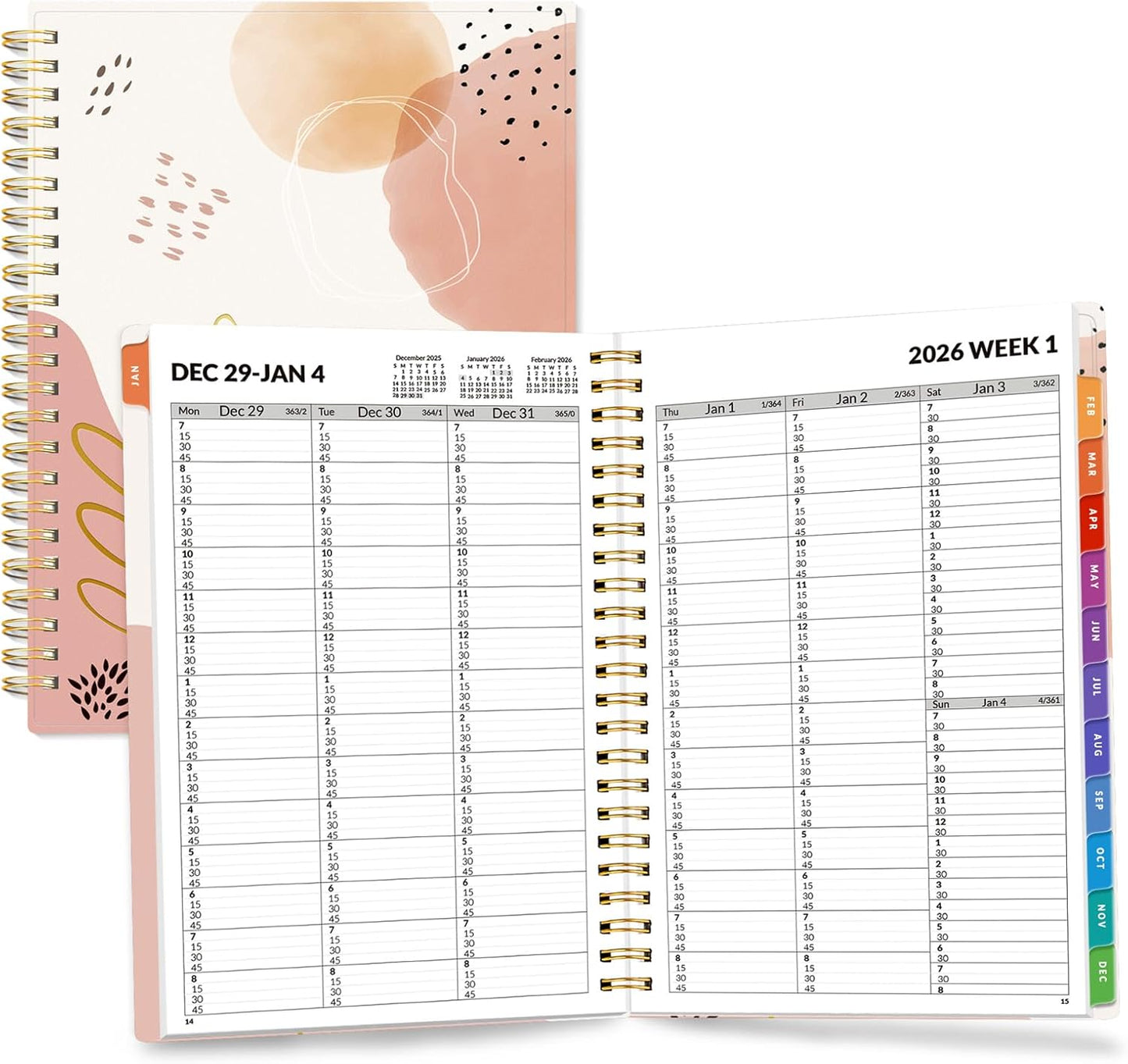 SUNEE 2026 Appointment Book, Quarter-Hourly, Weekly & Monthly - from January 2026 - December 2026, 6.4"x8.3" Weekly Planner, Flexible Cover, Note Pages, Pockets, Bookmark, Spiral Binding, Pink Breeze