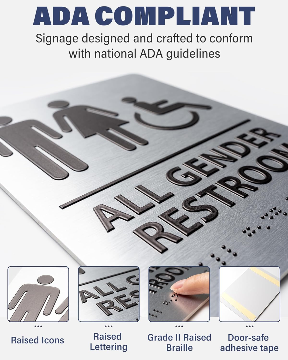 ADA-Mark Modern Restroom Sign for Business - 2PK ADA Compliant Braille Bathroom Sign with Easy Installation - 6" W x 8" H