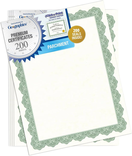 Geographics® 30% Recycled Blank Parchment Certificates, 8 1/2" x 11", Optima Green, Pack of 200
