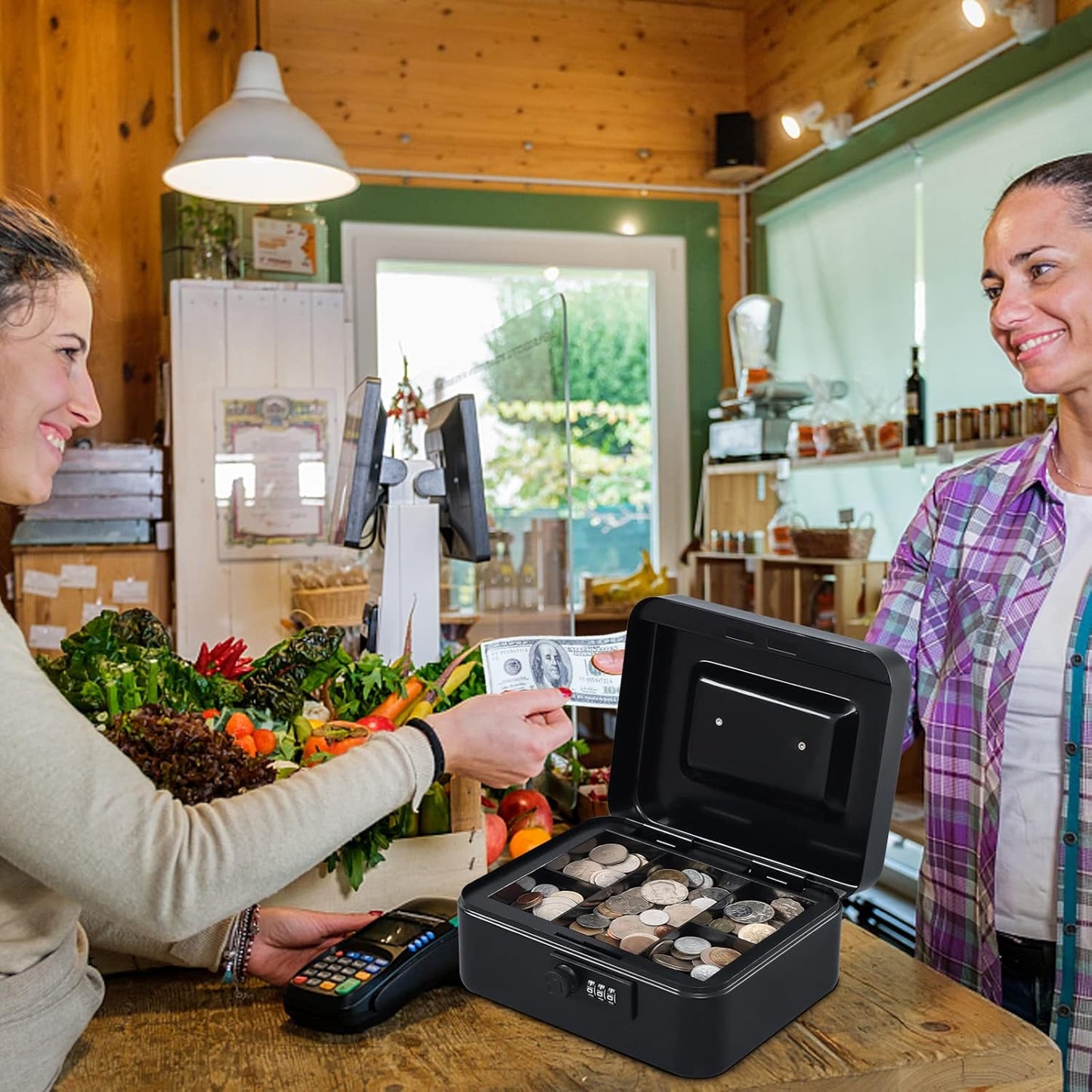 KYODOLED Cash Box with Combination Lock Safe Metal Money Box with Money Tray for Security Lock Box 7.87"x 6.30"x 3.35" Black
