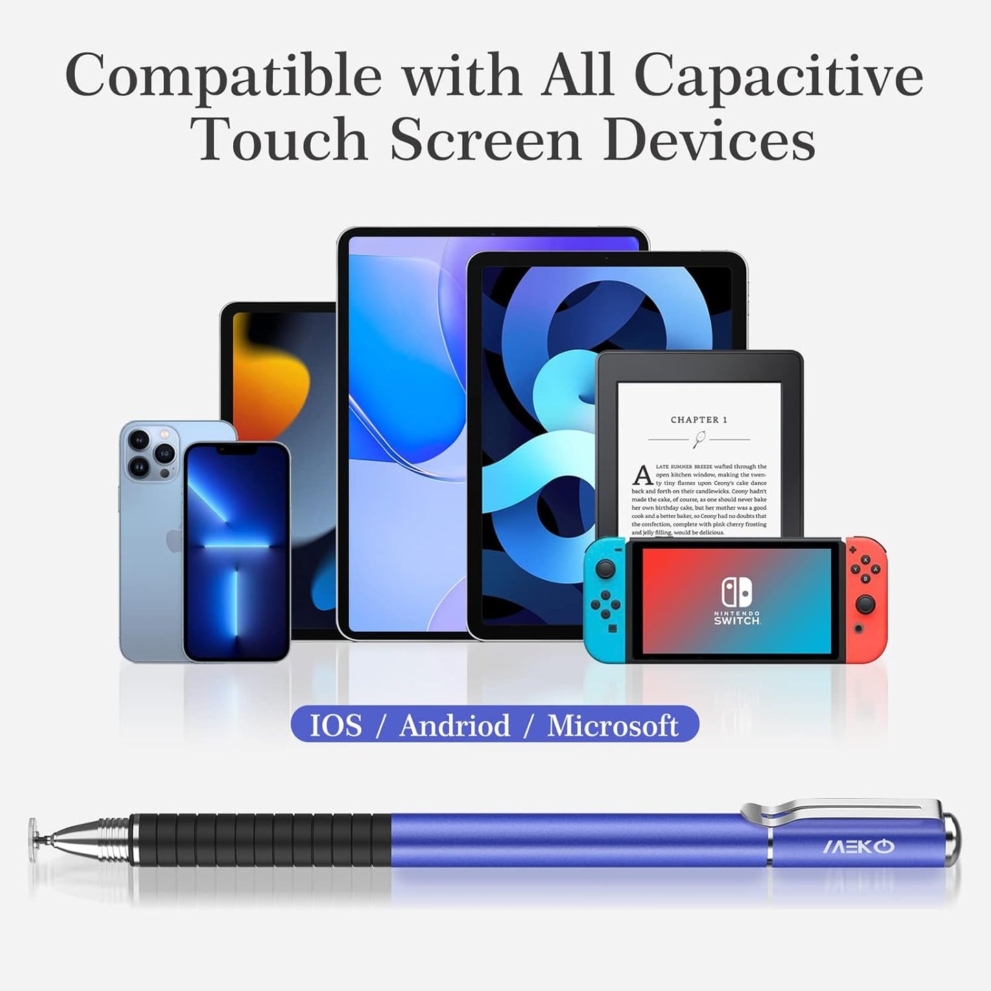 MEKO Stylus Pens for Touch Screens, 2 in 1 Universal Disc Stylus Pens for iPhone, iPad and All Capacitive Cell Phones, Tablets, Laptops Bundle with 6 Replacement Tips - (2 Pcs, Blue/Silver)