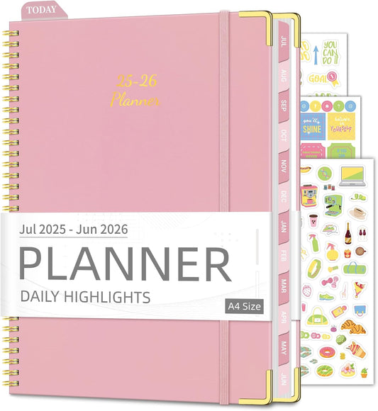 Academic Planner 2025-2026 (8.5" x 11") - Weekly & Monthly Planner (Jul. 2025 - Jun. 2026), Column View Calendar Organizers, Hardcover Agenda Book with Tabs for Office & School, Pink