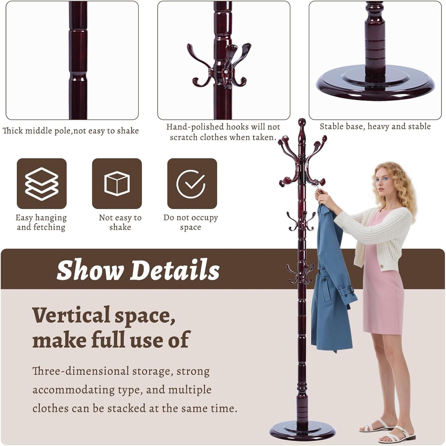 Wooden Coat Rack Freestanding with Resin Hooks, Adjustable Heavy Duty Stand for Hanging Coats, Bags, Hats, and Umbrellas in Living Room, Bedroom, Entryway (Rosewood-Ruyi Hook)