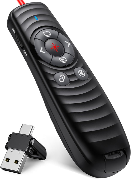 Wireless Presentation Clicker, Powerpoint Clicker Remote with Laser Pointer,Rechargeable Presentation Remote with Hyperlink & Volume Control for PowerPoint, Mac, Computer, Laptop
