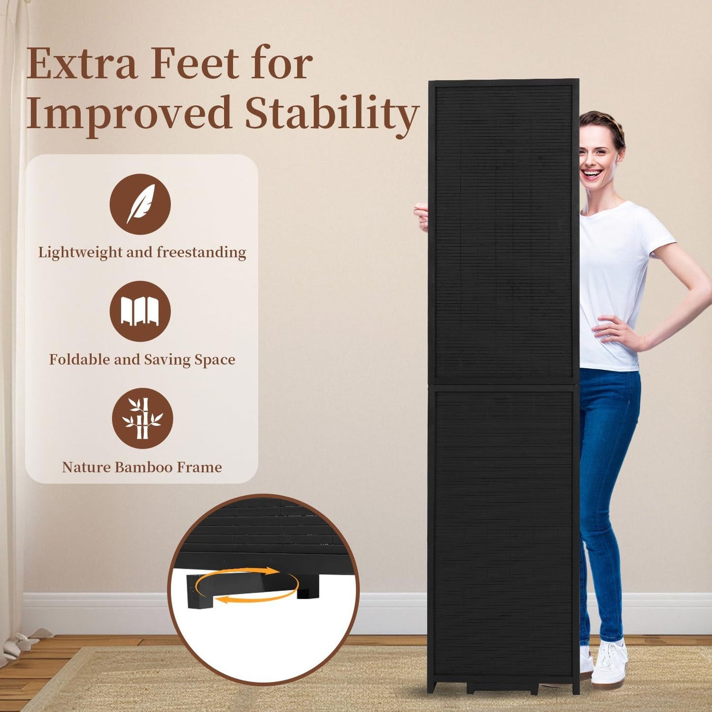 Bamboo Room Divider 6 Panel Wall Divider, 106'' W x 67'' H Folding Design with Extra Stable Base, 100% Bamboo Room Divider Screen for Room Separation, Chinese Room Partitions and Dividers Freestanding