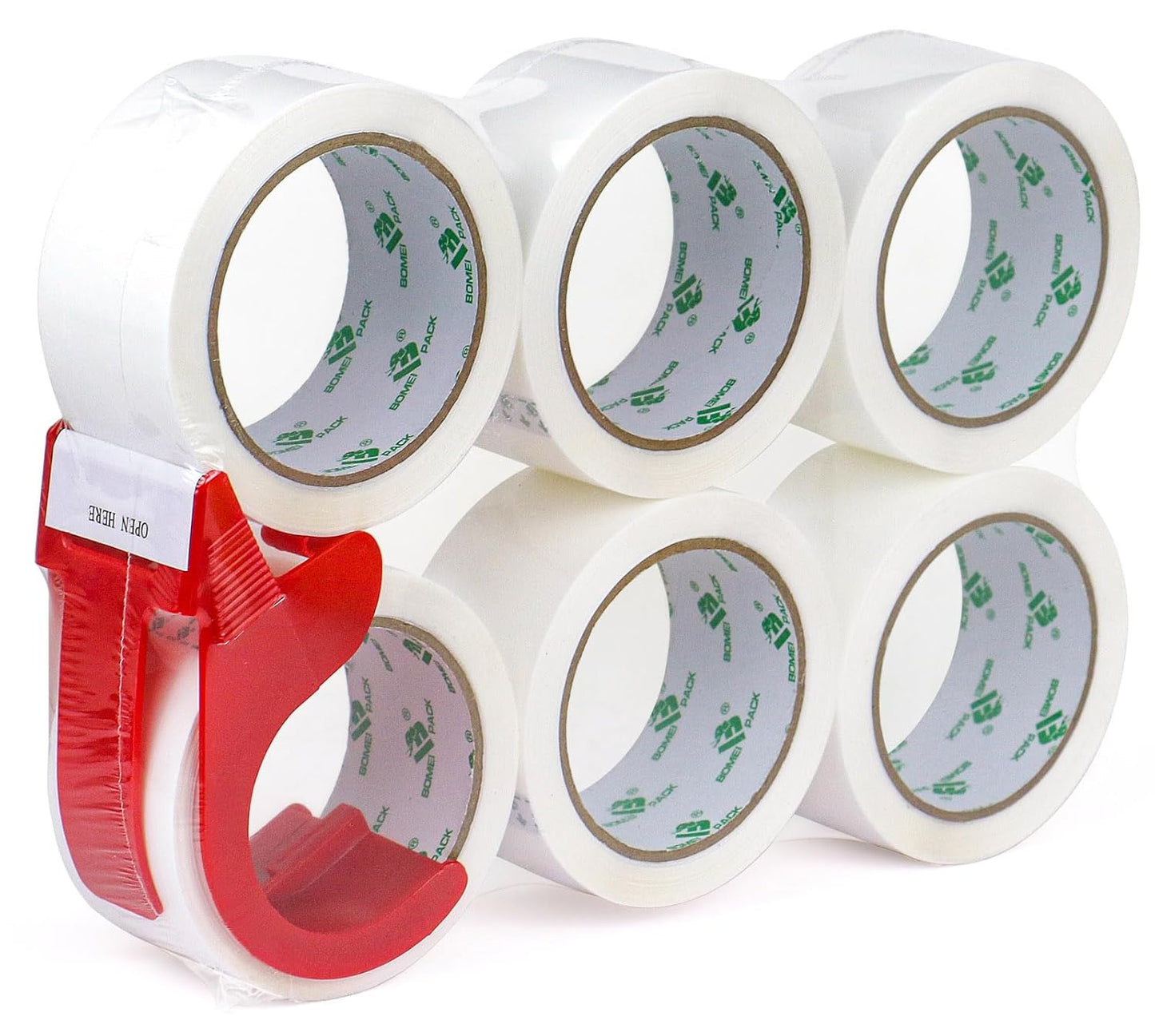 BOMEI PACK White Packing Tape with Dispenser, 2.4 Mil 1.88 Inch x 60 Yards, 6 Refills Rolls White Tape for Box Moving, Shipping and Packaging