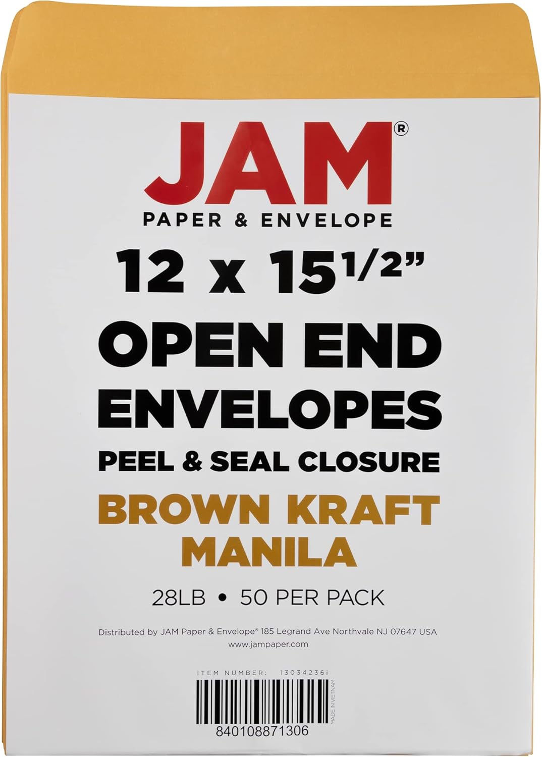 JAM PAPER 12 x 15 1/2 Open End Catalog Recycled Envelopes with Peel and Seal Closure - Brown Kraft - Bulk 250/Box