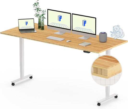 FLEXISPOT E6 MAX Bamboo Dual Motor 3 Stages Standing Desk 72x30 Inch Whole-Piece Board Electric Height Adjustable Stand Up Desk 150KG Load Capacity(White Frame + Bamboo Desktop)