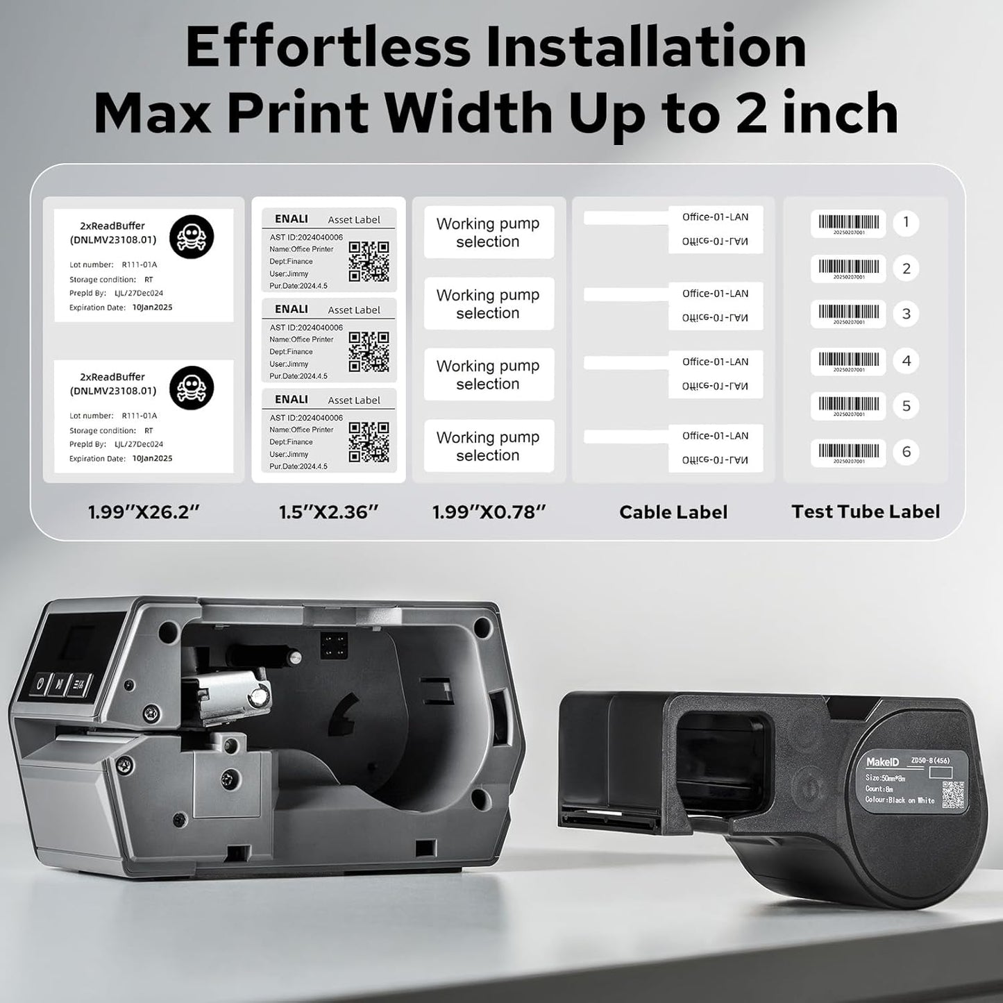 Makeid D50 Industrial Label Printer, Desktop Label Maker 2" Print Head, Mobile APP & PC Editor Compatible, 2600mAh Li-ion Battery, Come with 1.97" W x 26.24ft L Label Heavy-Duty Labeler for Job Sites