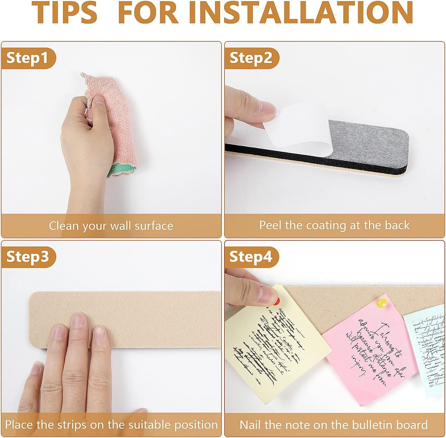 5 Pack Felt Pin Board Bar Strips Bulletin Board for Bedrooms Offices Home Wall Decoration, Notice Board Self Adhesive Cork Board with 35 Push Pins for Paste Notes, Photos, Schedules (Camel)