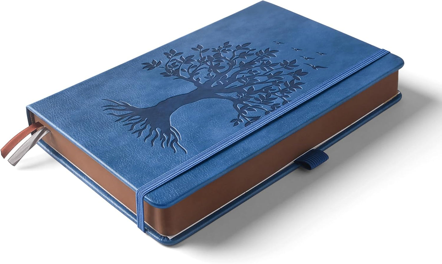 ZXHQ B5 360 Pages Lined Journaling Notebooks with Pen, Journals for Women Men Writing Notebook, Tree of Life Design, Brown Edge, Fine Inner Pocket - Blue