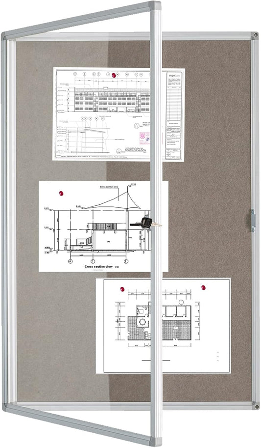 BIBOC Enclosed Felt Bulletin Board 36x24 inch Lockable Cork Noticeboard Display Cases Tamperproof Notice Poster Memo Board with Class Aluminum Frame (Felt, 24×36 inches)