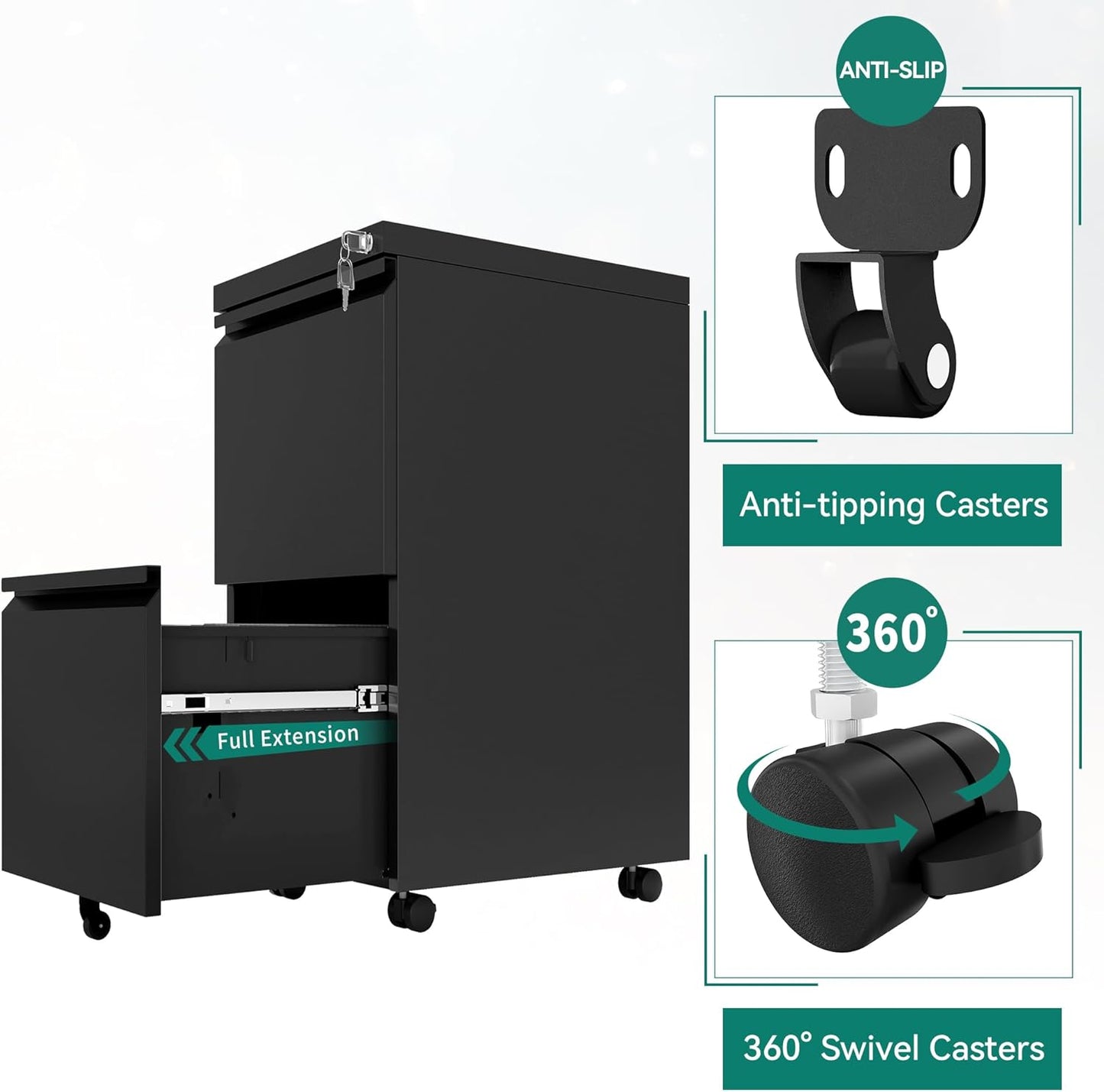 YITAHOME 2 Drawer File Cabinet with Lock, Mobile Metal Filing Cabinet for Letters/Legal/A4 Size, Home Office & Business Enterprise, Fully Assembled Except Wheels, Black