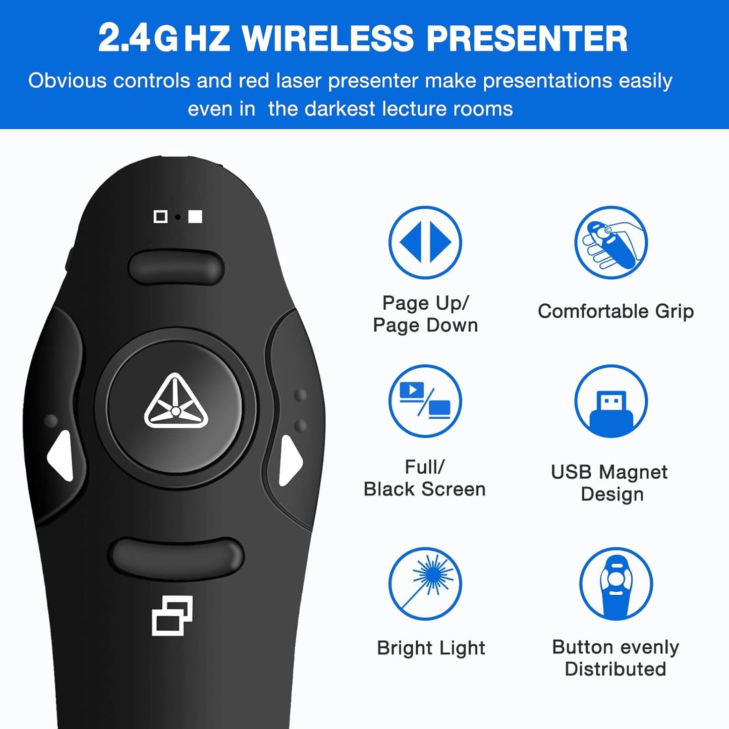 Rechargeable Presentation Clicker Wireless Presenter Remote USB Control Powerpoint PPT Clicker, Red Laser Pointer RF 2.4GHz Presenter Remote Slide Advancer for Computer/Laptop/Mac/Keynote