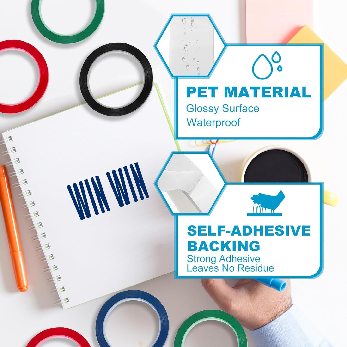 MECCANIXITY Whiteboard Tape 5/16" x 72 Yard Pinstripe Graphic Chart Line Grid Marking Tapes for Classroom Office Dry Erase Board Art, White, Pack of 3