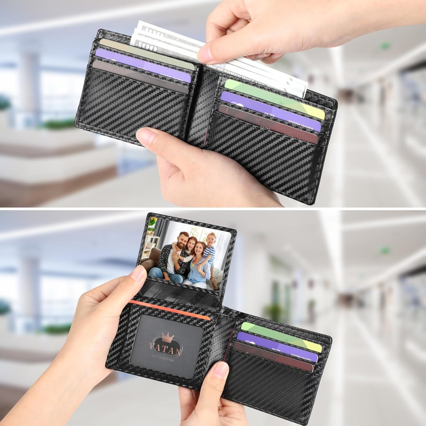 VATAN Wallet for Men, Mens Minimalist Wallet Credit Card Holder, Slim Leather Rfid 2 ID Window Large Capacity With Gift Box (Carbon Fiber Black)