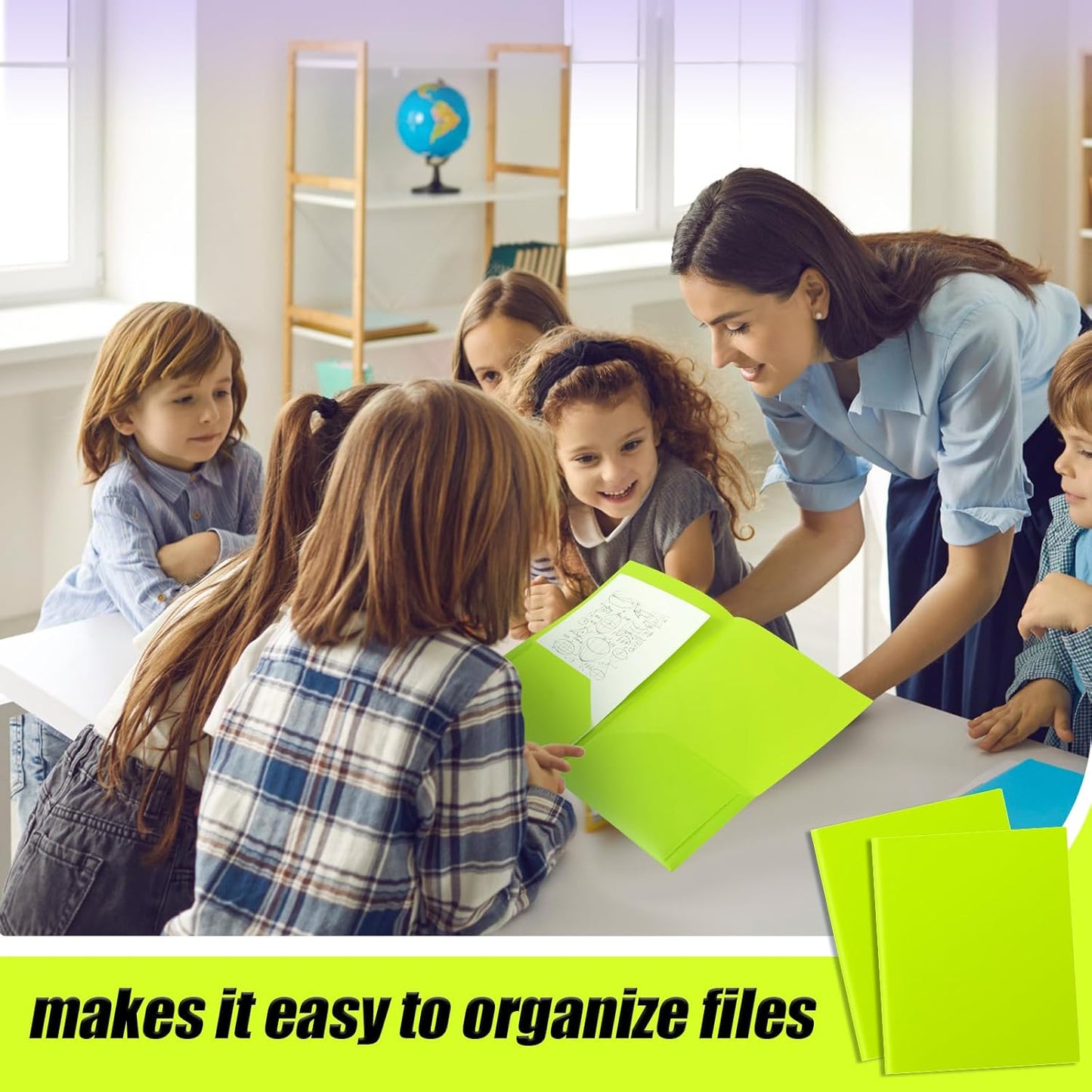 Gueevin 150pcs Plastic Folders with Pockets, Two Pocket Folder Fit 8.5 x 11 Inch Letter Size Paper, Heavy Duty School Folders Business Card Holder for Home Office School Bussiness (Bright Green)