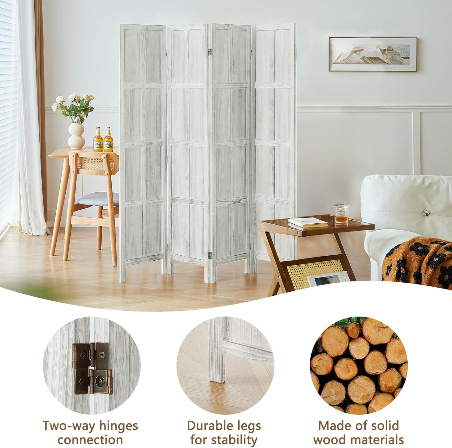 4 Panel Room Divider, 5.6Ft Wood Room Dividers and Folding Privacy Screens, Room Divider Wall Freestanding Room Partitions, Room Dividers Screen for Home Office Restaurant Bedroom, White