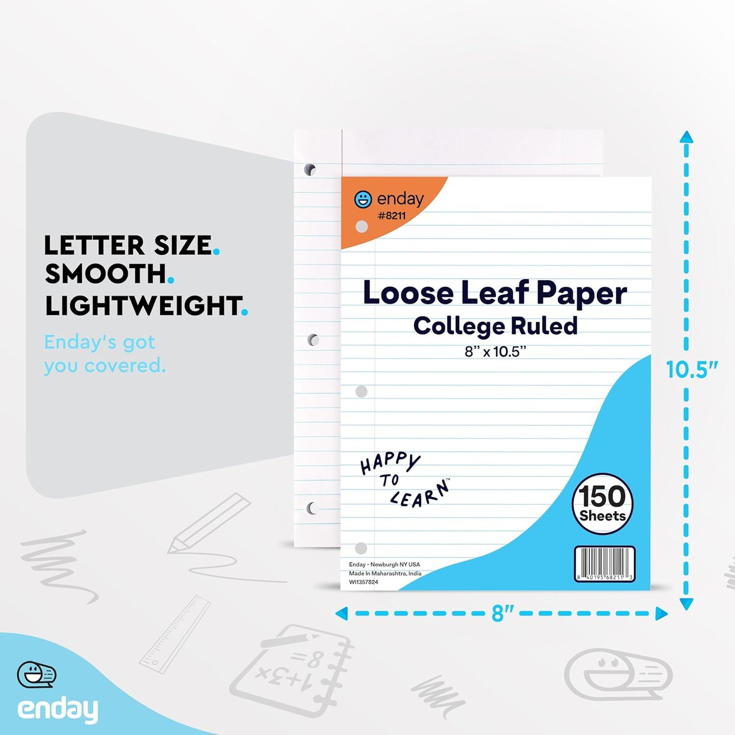 Loose Leaf Paper Bulk, 3600 Sheets, College Ruled, (24 Pack) 150 Sheets Per Pack, 8" x 10.5" White Filler Paper, 3 Hole Punched Binder Paper for 3 Ring Binders, Notebook Paper - By Enday