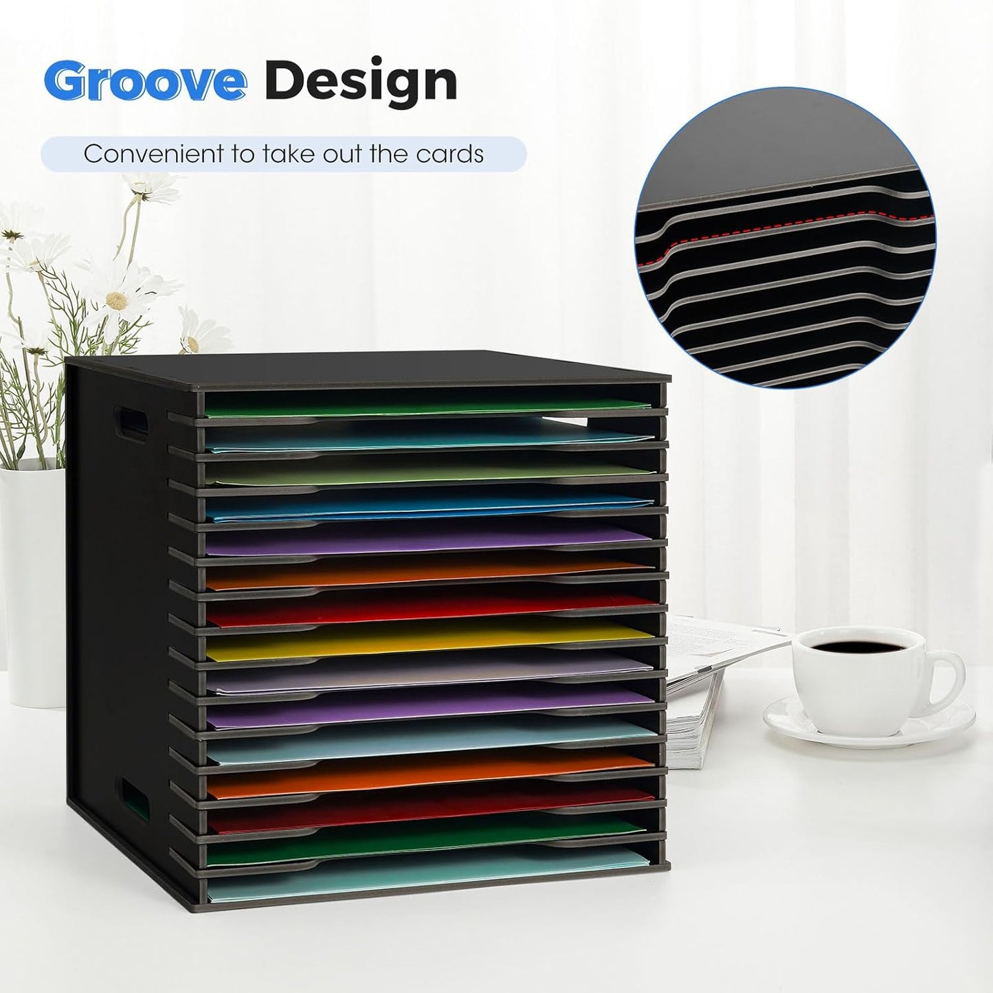 SANFURNEY Scrapbook Paper Organizer for Sizes 12" x 12", 15 Slots File Sorter Storage, Document Holder, Desktop Scrapbook Paper Organizer Rack - Black