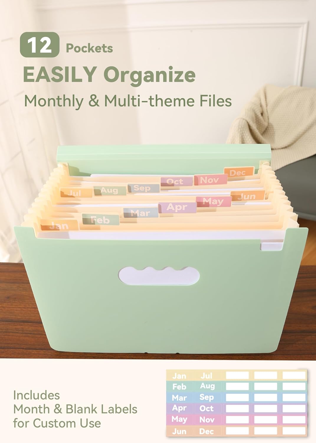 Accordion File Organizer 12 Pockets, Monthly Bill Receipt Tax Organizer, Expanding File Folders with Larger Bright Tabs, Fits Letter/A4 Size - Green