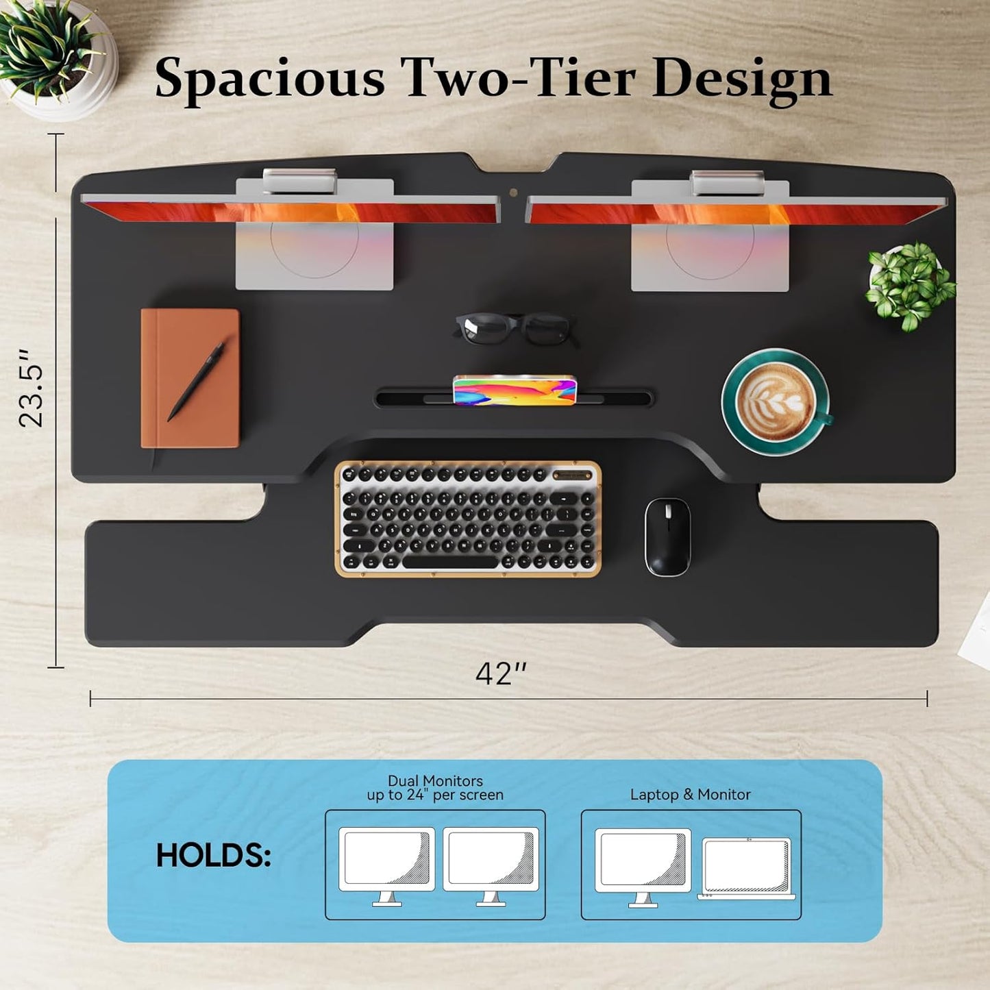 42 inch Standing Desk Converter, Height Adjustable Desktop Standing Desk with Keyboard Tray for Two Monitors, Sit to Stand up Desk Riser Computer Workstation for Home Office, Black