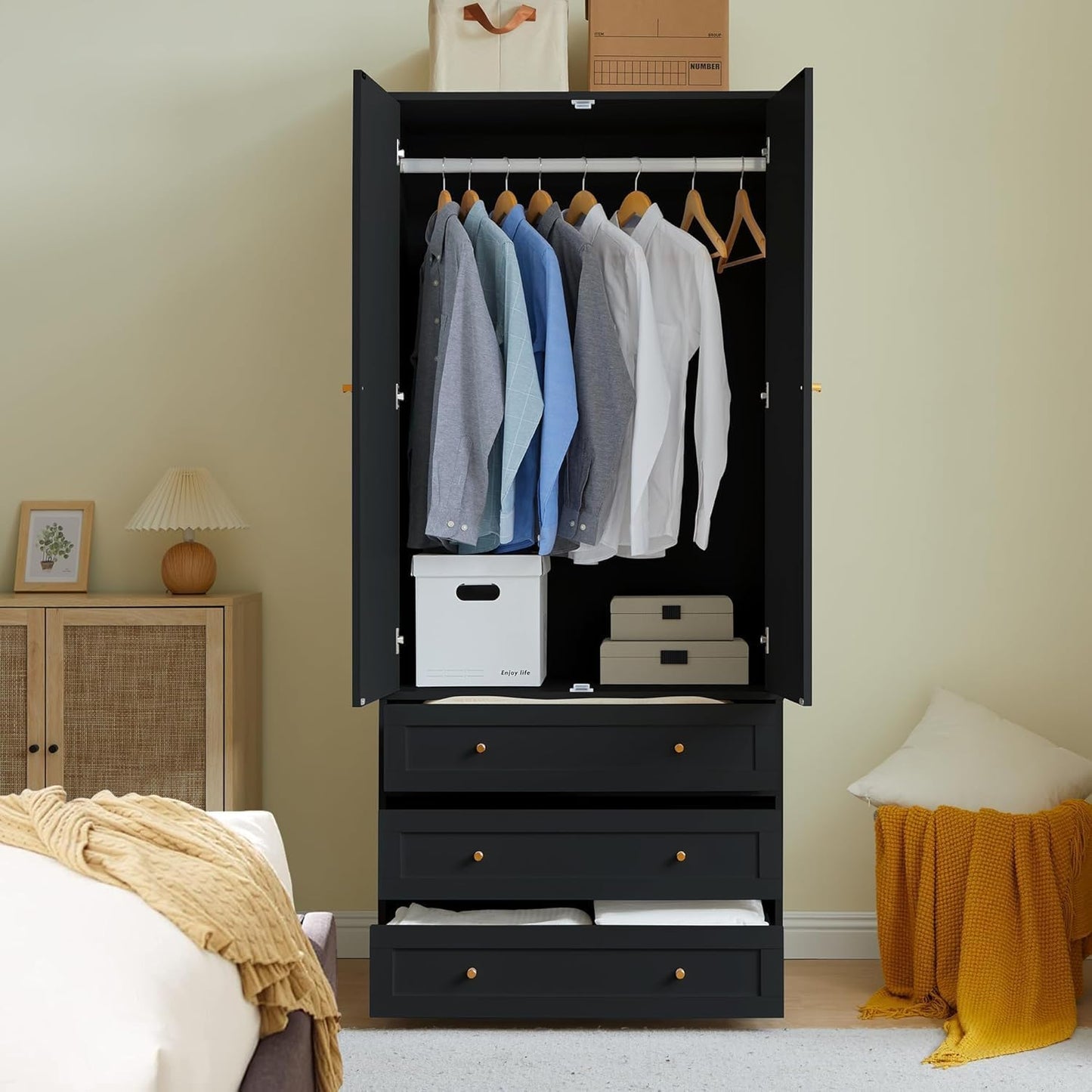 71" Wardrobe Closet Armoire, Wardrobe Armoire Wooden with 2 Doors, 3 Drawers Household Freestanding Wooden Closet Storage Cabinet for Bedroom (Black)