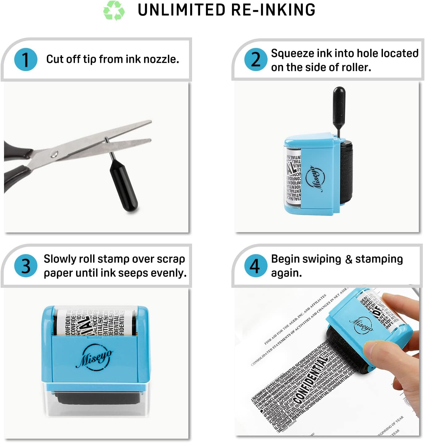 Miseyo Wide Roller Stamp Identity Theft Stamp 1.5 Inch Perfect for Privacy Protection - Blue