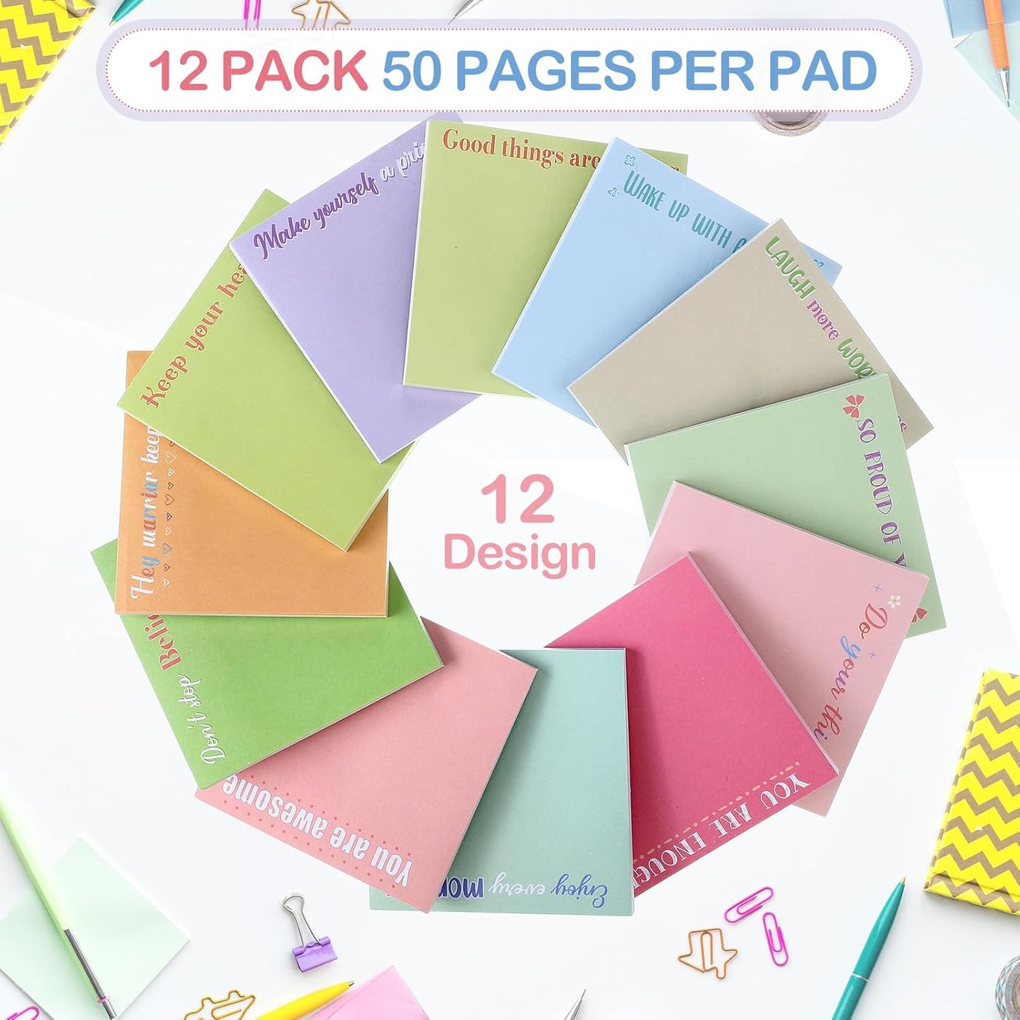 Zonon 12 Pieces Inspirational Sticky Notes 3 x 3 Inch Motivational Fun Notepads Positive Gifts for Teacher Nurse Coworkers Work Studying Supplies(Macaron Style)