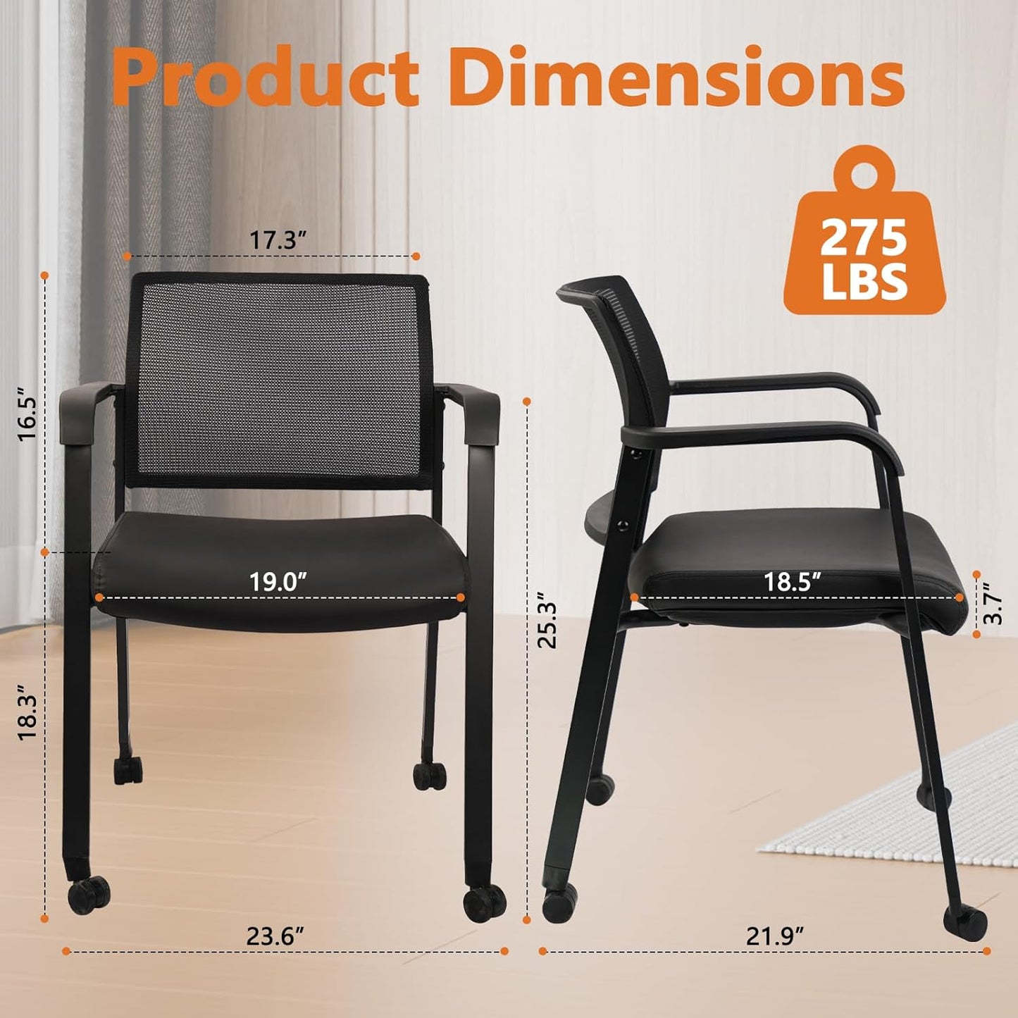 CLATINA Stacking Office Chair with Wheels, Mesh Back Waiting Room Guest Chairs with Arms Comfortable Leather Cushion Stackable Desk Chair for Conference Reception School Side Stationary, Black, 2PK