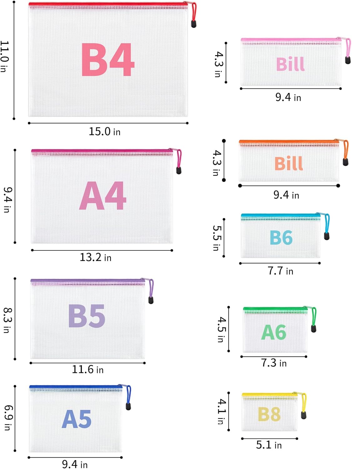 JARLINK 24 Pack 8 Sizes Mesh Pouch, 9 Colors, Waterproof Zipper File Bags Document Multipurpose Travel Bags for Office, School, Board Game, Puzzles, Cosmetics, Travel Accessories, and Home Organize