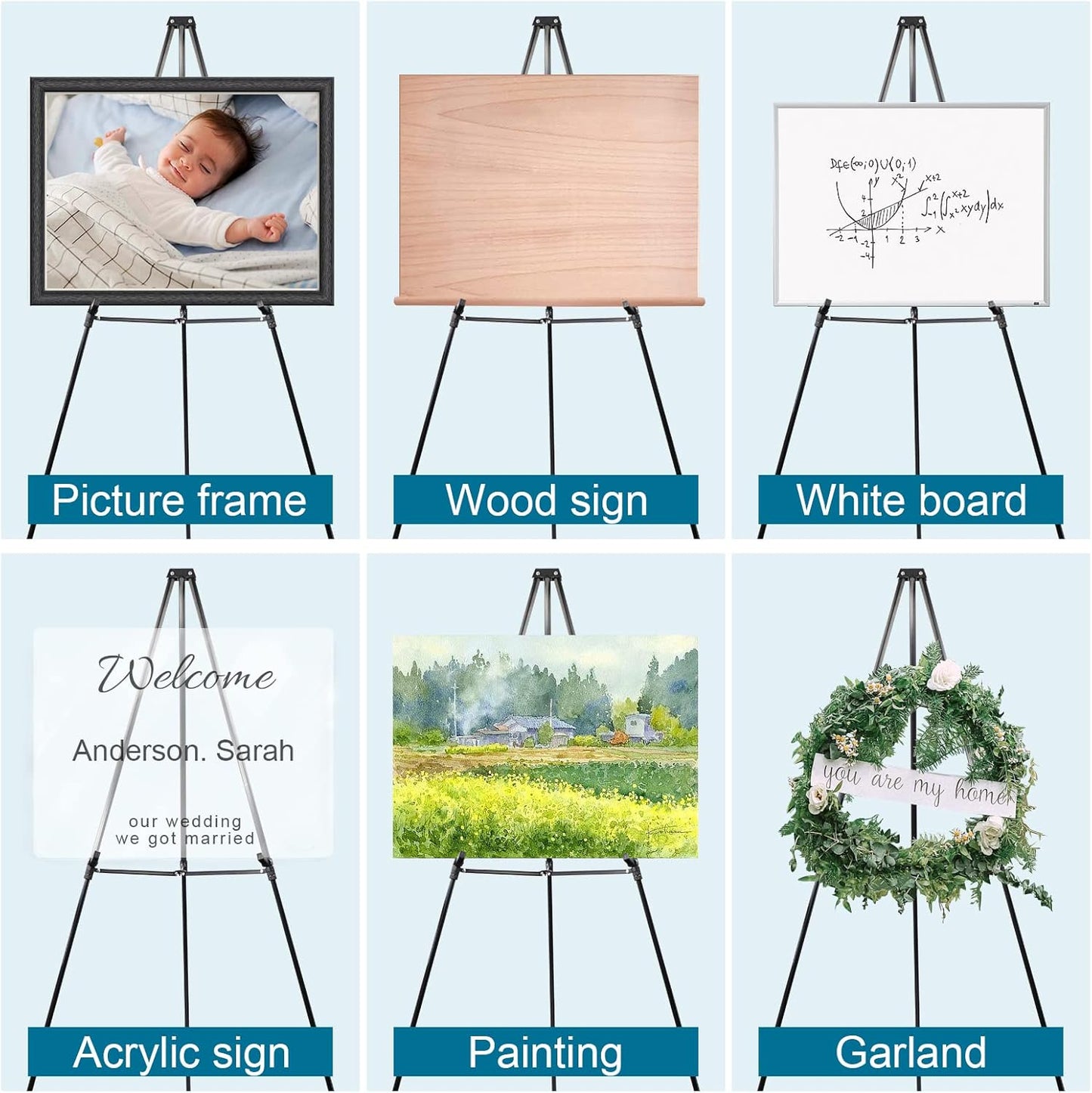 PUJIANG 63" Aluminum Easel Stand for Sign, Large Collapsible Easels for Display Posters/Whiteboard, Adjustable Height Artist Easel for Painting- Floor/Tabletop, Holds 25 lbs,1pcs