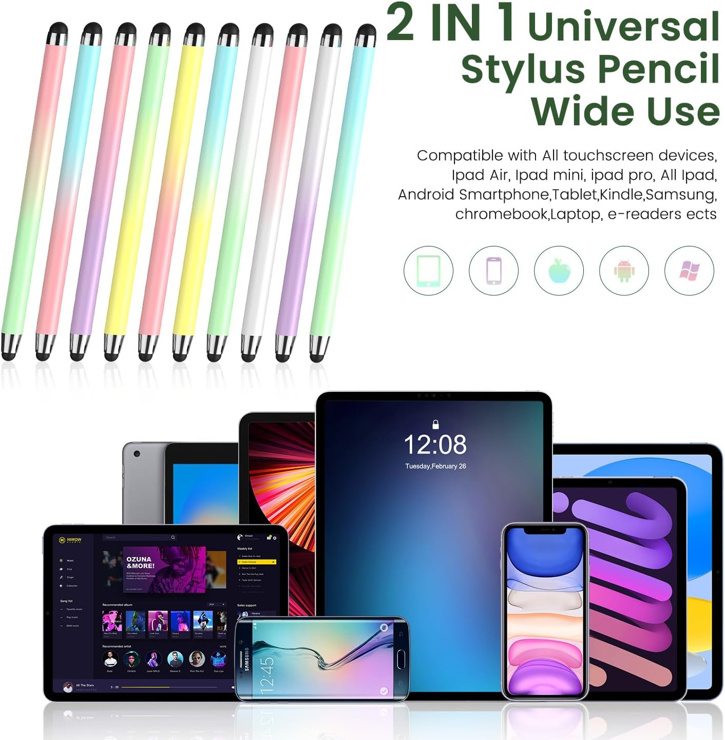 Stylus Pen for Touchscreen,10 Pack Gradient Colors,2 in 1 Stylus, High Sensitivity and Precision, Stylus Pen for ipad,iPhone, Android,Samsung,Galaxy Microsoft,Kindle All Capacitive Touch Screens
