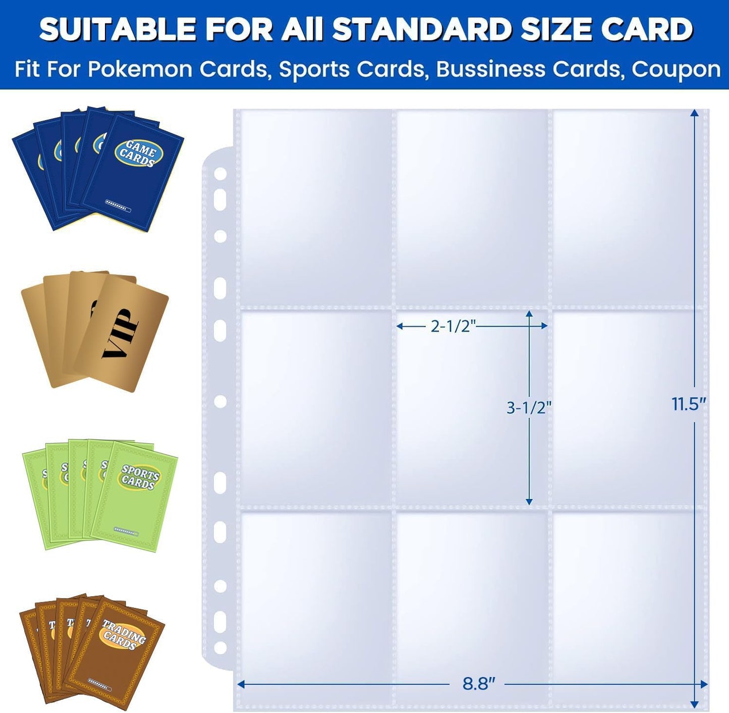 120 pack Trading Card Sleeve, Holds 2160 Cards, 9 Pocket Card Sleeves Binder Sheets for 3 Ring Binder, 11 Holes Trading Card Binder Sleeves Fit for MTG, Baseball, Game, Business Cards, Coupon