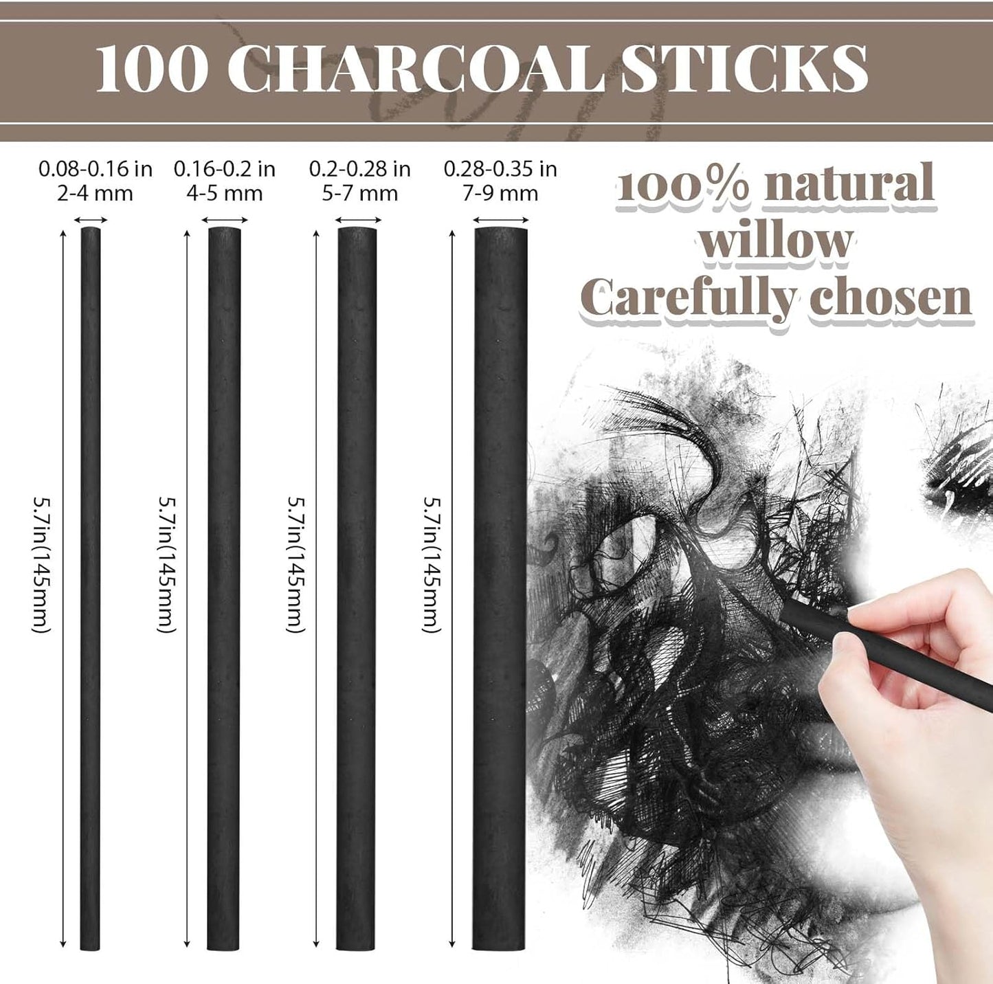 Gueevin 100 Pcs Willow Charcoal Sticks, Willow Charcoal, Artists, Beginners, Students, Perfect for Sketching, Drawing, Shading, and Fine Art (2-4mm,4-5mm,5-7mm,7-9mm)