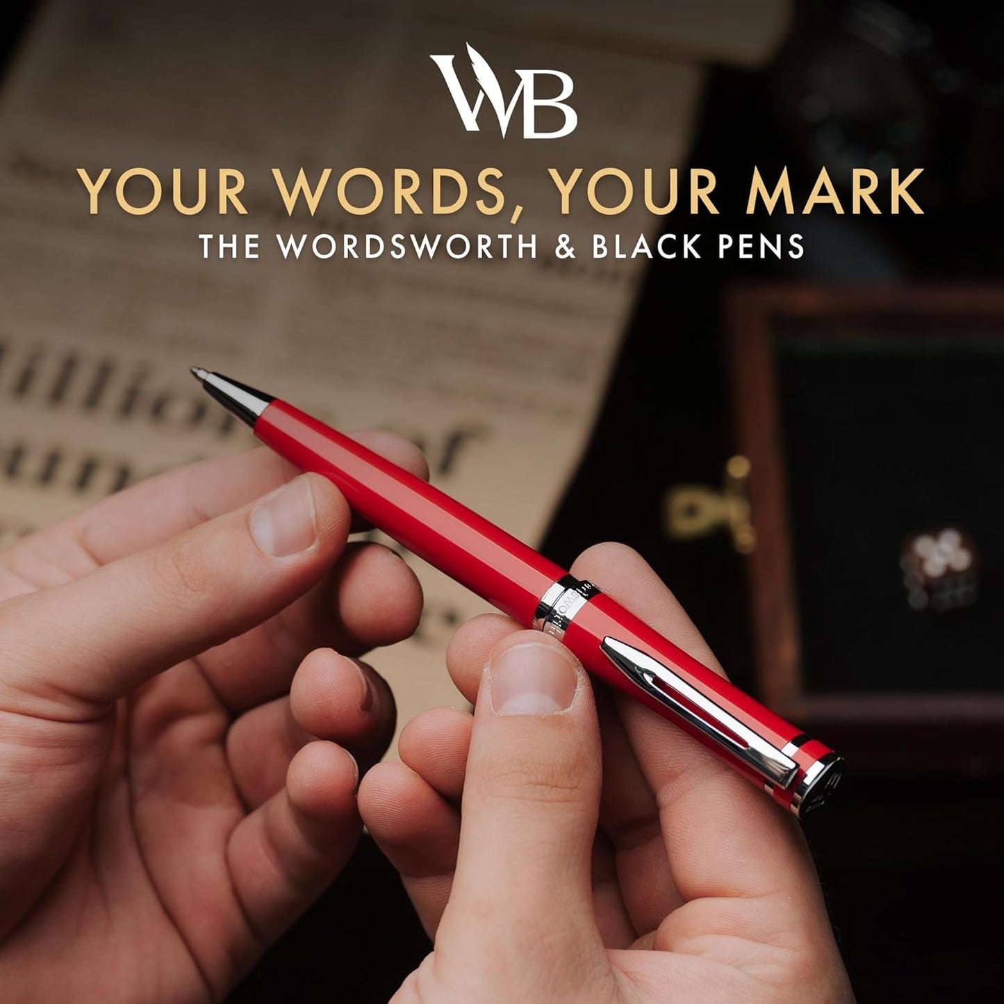 Wordsworth and Black Ballpoint Pen Red Lacquer- Stunning Luxury Pen Chrome Finish, Ink Refill, Best Gift Set for Men & Women, Refillable, Elegant, Nice Pens, Fine Point