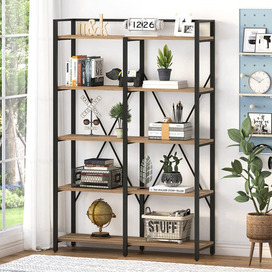 BON AUGURE Industrial Bookshelves and Bookcases, 5 Tier Heavy Duty Etagere Shelving Unit, Farmhouse Rustic Wood Metal Book Shelves for Office, Living Room and Bedroom (Vintage Oak)